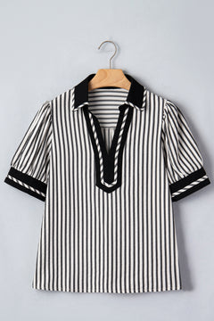 Black Stripe Collared Split Neck Short Bubble Sleeve Blouse