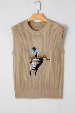 Parchment Western Cowboy Embroidery Round Neck Sleeveless Sweater