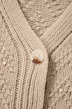 Smoke Gray Pearl Embellished Button Front V Neck Sweater Cardigan