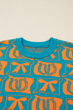 Light Blue Bows & Horseshoes Pattern Western Fashion Print Sweater