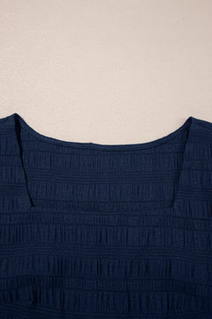 Dirty blue Textured Square Neck Top and Shirred High Waist Shorts Set