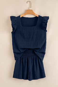 Dirty blue Textured Square Neck Top and Shirred High Waist Shorts Set