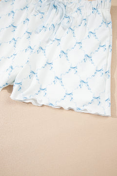 Sky Blue Bow Knot Geometric Print Lettuce Trim Two Piece Lounge Set