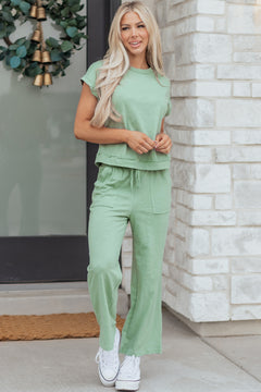 Canton Cuffed Short Sleeve Tee Raw Seam Patch Pocket Drawstring Pants Set