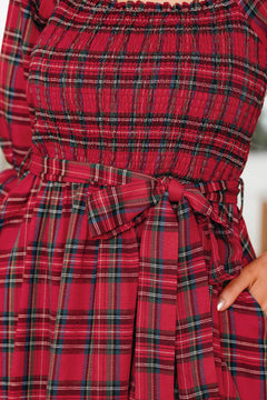 Red Tartan Plaid Square Neck Puff Sleeve Knot Waist Flared Midi Dress