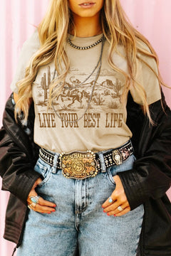 Beige LIVE YOUR BEST LIFE Crew Neck Western Graphic Tee