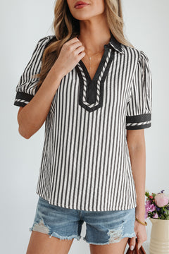 Black Stripe Collared Split Neck Short Bubble Sleeve Blouse