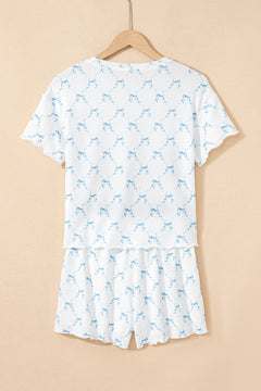 Sky Blue Bow Knot Geometric Print Lettuce Trim Two Piece Lounge Set