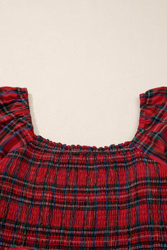Red Tartan Plaid Square Neck Puff Sleeve Knot Waist Flared Midi Dress
