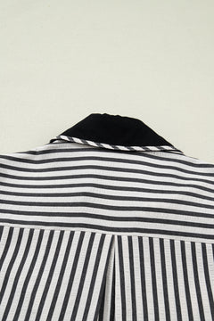Black Stripe Collared Split Neck Short Bubble Sleeve Blouse