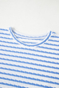 Sky Blue Stripe Knitted Short Sleeve Top and Drawstring Shorts Set
