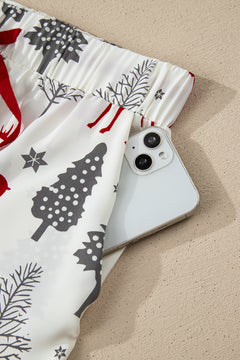 White Christmas Fashion Print Velvet Trim Bow Knot Pajama 2pcs Short Set