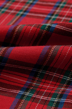 Red Tartan Plaid Square Neck Puff Sleeve Knot Waist Flared Midi Dress