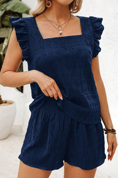 Dirty blue Textured Square Neck Top and Shirred High Waist Shorts Set