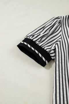 Black Stripe Collared Split Neck Short Bubble Sleeve Blouse