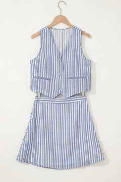 Sky Blue Stripe Buttoned Office Waistcoat Mini Skirt Set