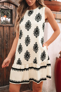 Beige Geometric Printed Sleeveless Hollowed Bowknot Back Mini Dress