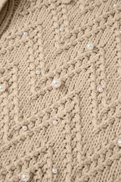 Smoke Gray Pearl Embellished Button Front V Neck Sweater Cardigan