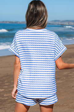 Sky Blue Stripe Knitted Short Sleeve Top and Drawstring Shorts Set