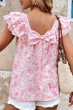 Pink Floral Ruffled Short Sleeve Bow Back Square Neck Blouse