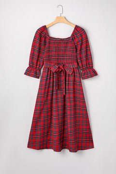 Red Tartan Plaid Square Neck Puff Sleeve Knot Waist Flared Midi Dress