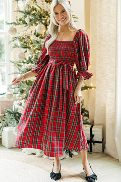 Red Tartan Plaid Square Neck Puff Sleeve Knot Waist Flared Midi Dress