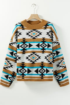 Brown Aztec Striped Knit Ribbed Trim Sweater