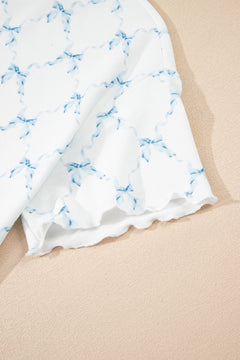 Sky Blue Bow Knot Geometric Print Lettuce Trim Two Piece Lounge Set