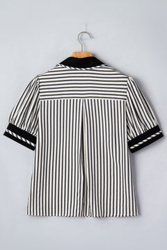 Black Stripe Collared Split Neck Short Bubble Sleeve Blouse