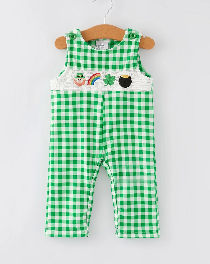 St. Patrick's Day Smocking Embroidered Green Plaid Boys' Romper