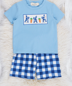 Easter blue Gingham Embroidered Bunny Outfit