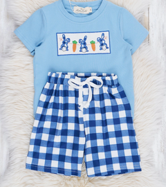 Easter blue Gingham Embroidered Bunny Outfit