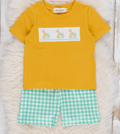 Green Embroidered Bunny Gingham Outfit