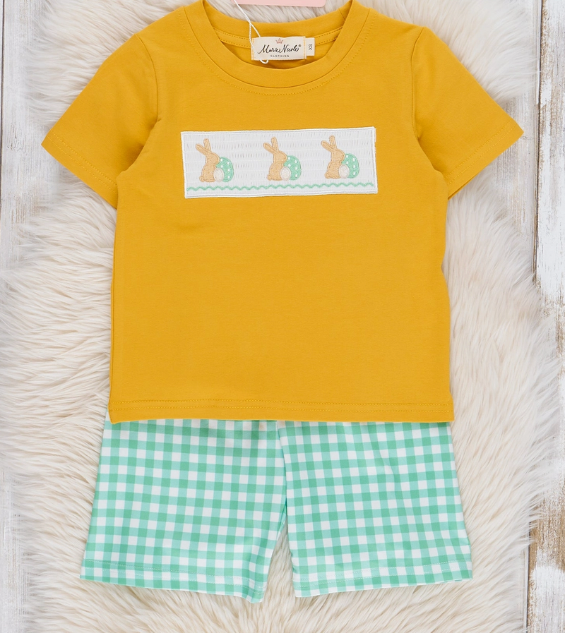 Green Embroidered Bunny Gingham Outfit