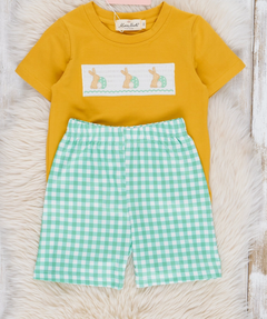 Green Embroidered Bunny Gingham Outfit