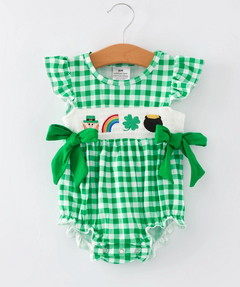 St. Patrick's Day Smocking Embroidered Plaid Baby Girls Romper