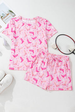 Pink Western Boots Printed Short 2pcs Lounge Set