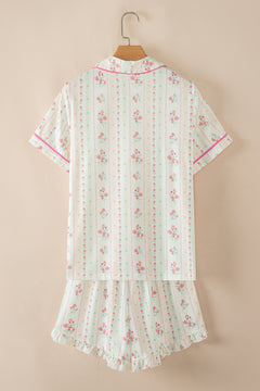Beige Floral Print Contrast Pipping Short Pajamas Set