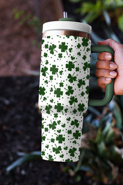 Dark Green Clover Print Thermos Cup with Handle 40oz