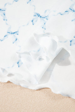 Sky Blue Bow Knot Geometric Print Lettuce Trim Two Piece Lounge Set