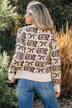 Brown Bows & Horseshoes Pattern Western Fashion Print Sweater