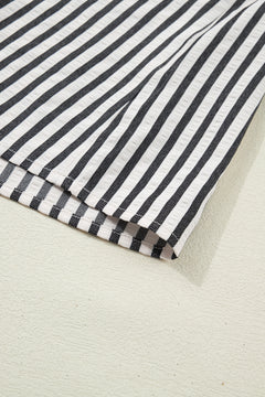 Black Stripe Collared Split Neck Short Bubble Sleeve Blouse