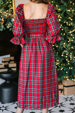 Red Tartan Plaid Square Neck Puff Sleeve Knot Waist Flared Midi Dress