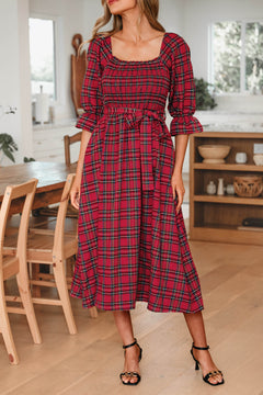 Red Tartan Plaid Square Neck Puff Sleeve Knot Waist Flared Midi Dress