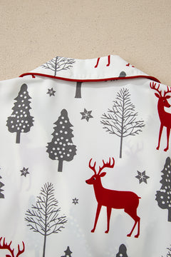 White Christmas Fashion Print Velvet Trim Bow Knot Pajama 2pcs Short Set