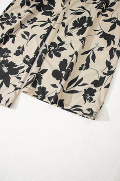 Khaki Floral Print Smocked High Waist Wide Leg Pants