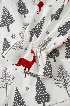 White Christmas Fashion Print Velvet Trim Bow Knot Pajama 2pcs Short Set