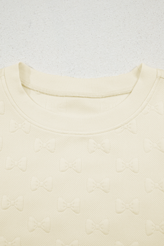 White Bow Jacquard Ruffle Sleeve Short 2pcs Outfit